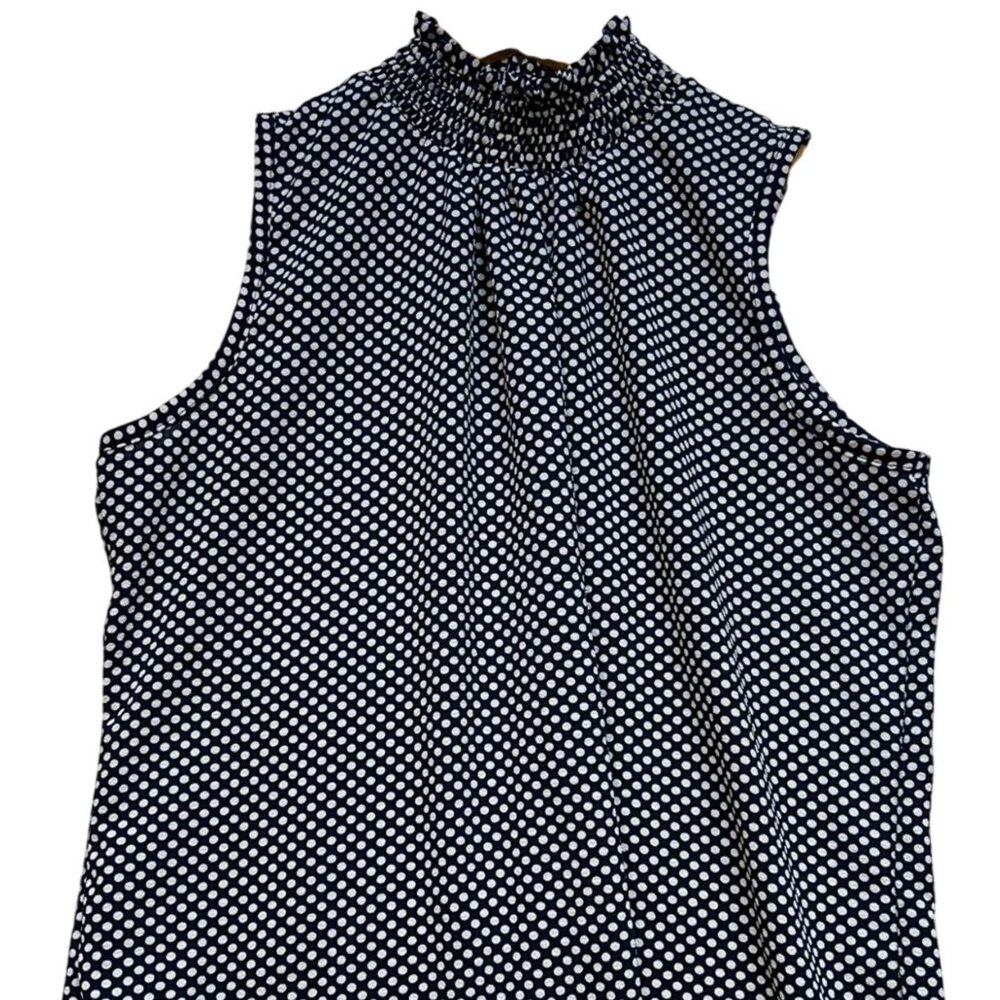 Ny Invasion Women's Smock Neck Top Sleeveless Size M Navy Blue White Polka Dot